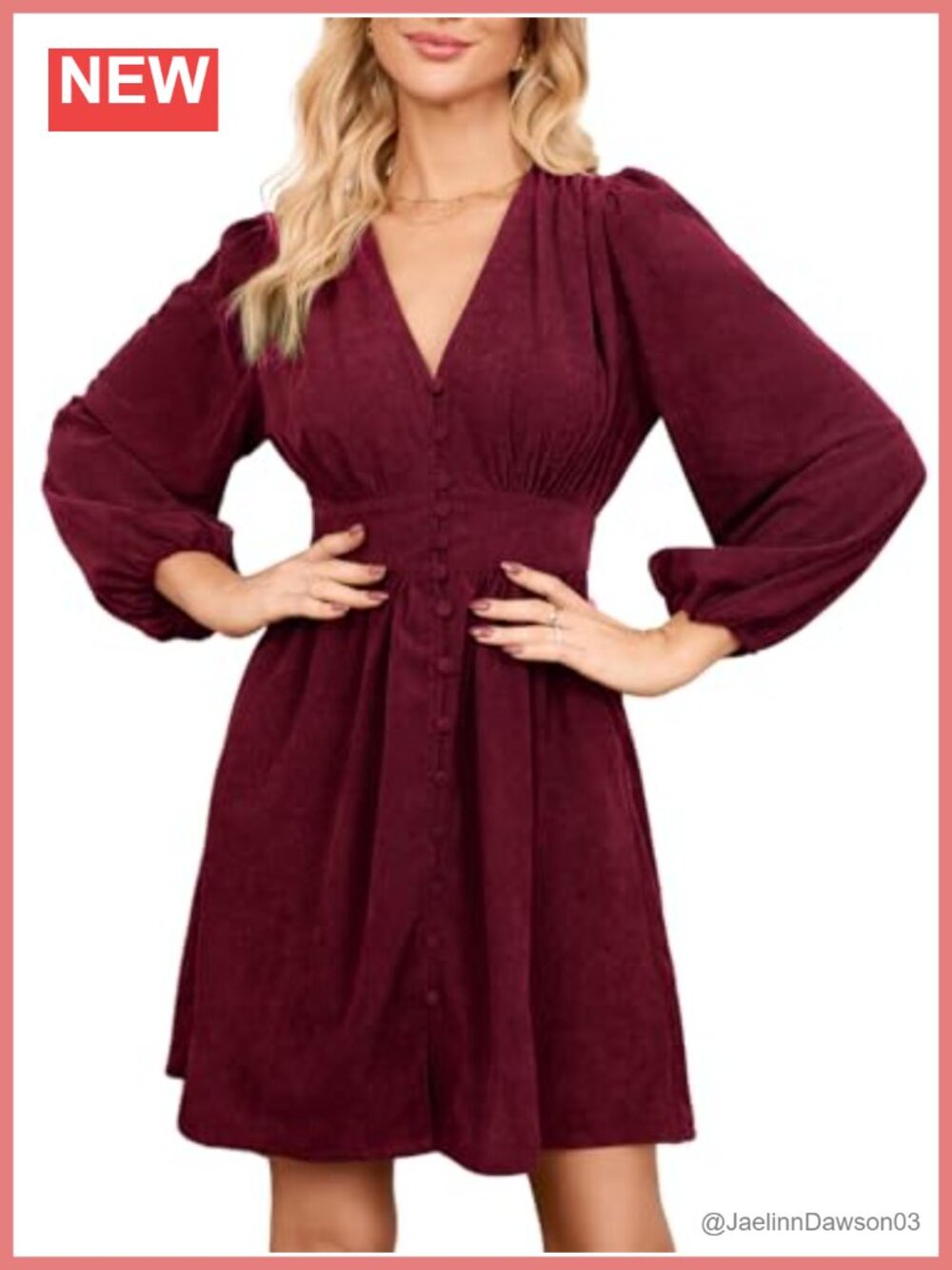 Corduroy A-Line Mini Dress Long Sleeve V-Neck Button Down Casual